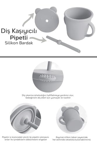 Meleni Baby 4lü Silikon Beslenme Seti - Mama Önlüğü - Vakumlu Mama Kasesi - Pipetli Bardak - Kaşık - Gri
