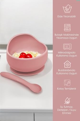 Meleni Baby 4lü Silikon Beslenme Seti - Mama Önlüğü - Vakumlu Mama Kasesi - Pipetli Bardak - Kaşık - Pembe