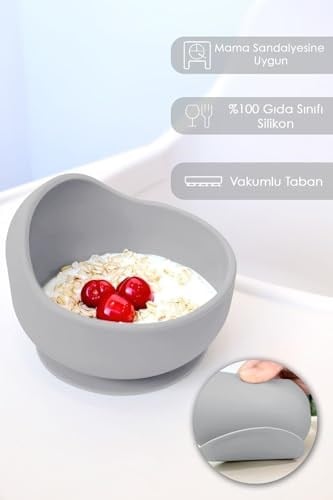 Meleni Baby 4lü Silikon Beslenme Seti - Mama Önlüğü - Vakumlu Mama Kasesi - Pipetli Bardak - Kaşık - Gri