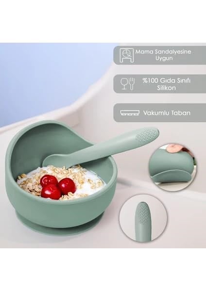 Meleni Baby 4lü Silikon Beslenme Seti - Mama Önlüğü - Vakumlu Mama Kasesi - Pipetli Bardak - Kaşık - Yeşil