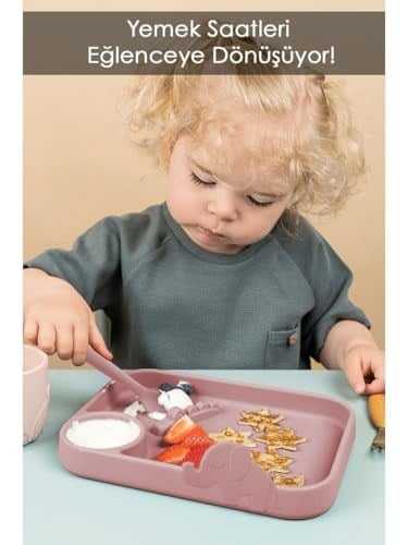 Meleni Baby 4lü Silikon Beslenme Seti- 3 Bölmeli Beslenme Tabağı- Kaşık - Önlük- Bardak - Pembe