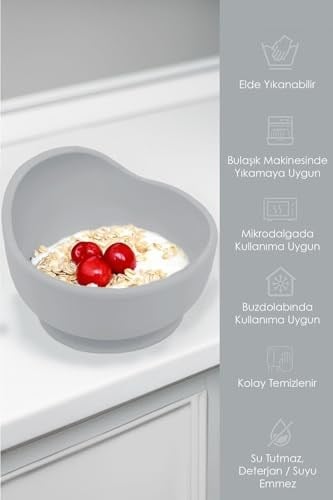 Meleni Baby 4lü Silikon Beslenme Seti - Mama Önlüğü - Vakumlu Mama Kasesi - Pipetli Bardak - Kaşık - Gri