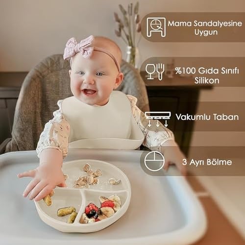 Meleni Baby 4lü Silikon Beslenme Seti - Silikon Mama Önlüğü Kulplu Bardak Vakum Tabanlı Tabak Mama Kaşığı Krem