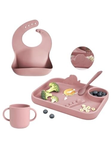 Meleni Baby 4lü Silikon Beslenme Seti- 3 Bölmeli Beslenme Tabağı- Kaşık - Önlük- Bardak - Pembe