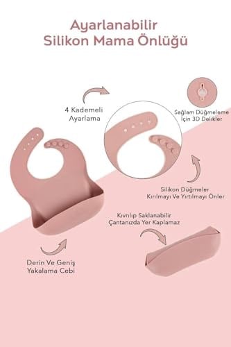 Meleni Baby 4lü Silikon Beslenme Seti - Mama Önlüğü - Vakumlu Mama Kasesi - Pipetli Bardak - Kaşık - Pembe