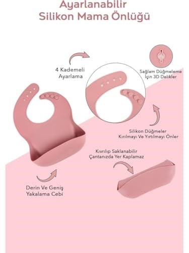 Meleni Baby 4lü Silikon Beslenme Seti- 3 Bölmeli Beslenme Tabağı- Kaşık - Önlük- Bardak - Pembe