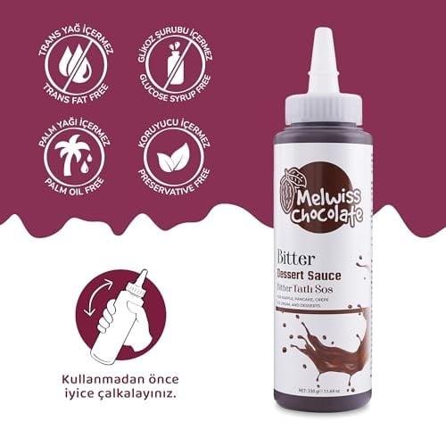 Melwiss Chocolate Bitter Tatlı Sos 330 g – Akışkan kıvamlı Waffle, Pankek, Krep, Dondurma, Kahve ve Tatlılar için Pratik Sıkılabilir Sos