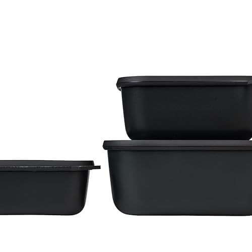 Mepal Cirqula çoklu kase seti 3 parçalı dikdörtgen İskandinav siyahı - 750, 1500, 3000 ml, derin dondurucu kavanozu, mikrodalga kapları ve kapaklı servis kasesi olarak kullanılabilir