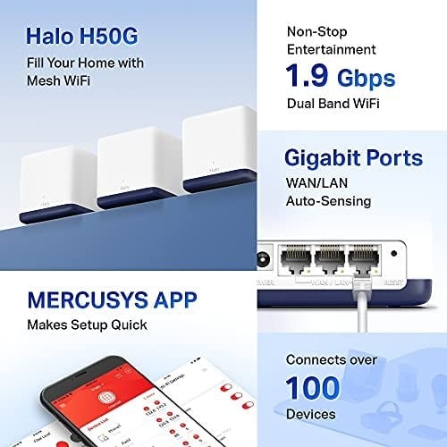Mercusys Halo H50G 3-pack, AC1900Mbps, Dual-Band, Gigabit Portları, 100e Kadar Cihaz Bağlanabilir, 550 m²ye Kadar Kapsama, Akıllı Bağlantı, Mobil Uygulama ile Kolay Kurulum, Wi-Fi 5 Mesh Sistemi