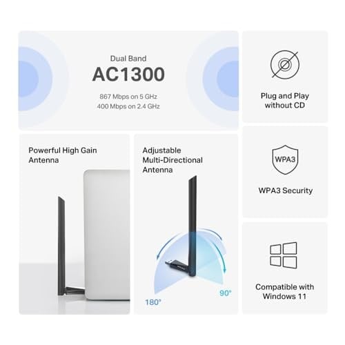 Mercusys MA30H, AC1300 Mbps, Çift Bant, USB 3.0, Yüksek Çekim Güçlü Wi-Fi 5 USB Adaptör