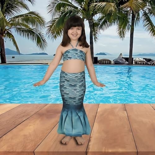 Mermaids Kız Çocuk Deniz Kızı Kuyruklu Bikini Seti, Turkuaz, Standart Beden,%80 Polyester%20 Elastan, 3D Pullu Baskı, İspanya Üretimi, Yaş Seçeneği