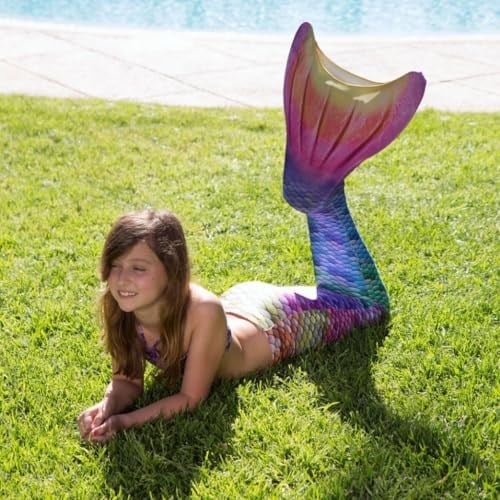 Mermaids Rainbow Deniz Kızı Kostümü, 4lü Set, Bikini ve Kuyruk, Gökkuşağı Renkli, Kız Çocuk,%80 Polyester,%20 Elastan, 3D Parlak Pullu, Yaş Seçeneği