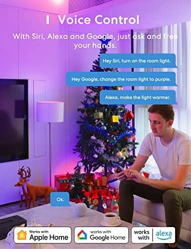 meross Akıllı Wi-Fi ampul, Apple HomeKit ile çalışır, WiFi lamba, LED, çok renkli, kısılabilir ampul, Siri, Alexa, Google Home ve SmartThings ile uyumlu, E27 sıcak beyaz