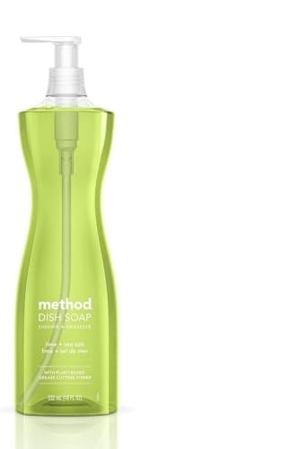 Method Bulaşık sabunu sıvısı, bitkisel bazlı bulaşık deterjanı, sert yağı keser, parlak bir temizlik için, misket limonu + deniz tuzu kokusu, 532 ml sabun pompası şişesi, 1 paket