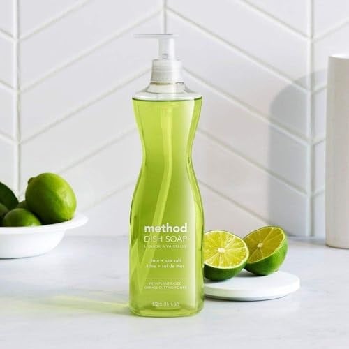 Method Bulaşık sabunu sıvısı, bitkisel bazlı bulaşık deterjanı, sert yağı keser, parlak bir temizlik için, misket limonu + deniz tuzu kokusu, 532 ml sabun pompası şişesi, 1 paket