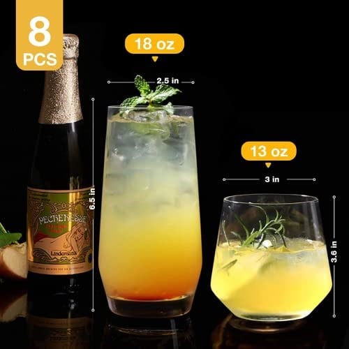 Mfacoy İçecek Bardağı Seti 8-4 Uzun Cam Bardak 500 ml ve 4 Kısa Sapsız Şarap Kadehi 368 ml, Highball Bardakları, Kokteyl, Bira, Şarap, Viski, Su ve Meyve Suyu İçecekleri için Cam Setleri