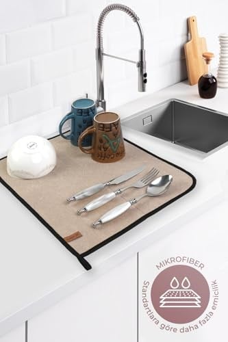 Microfiber Bulaşık Kurutma Matı 46x36 cm Kurulama Bezi Kurutma Örtüsü Tezgah Üstü Bej