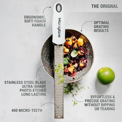 Microplane Zester mutfak rendesi, beyaz, narenciye, sert peynir, zencefil, çikolata ve muskat fındığı için, ince paslanmaz çelik bıçaklı - ABDde üretilmiştir