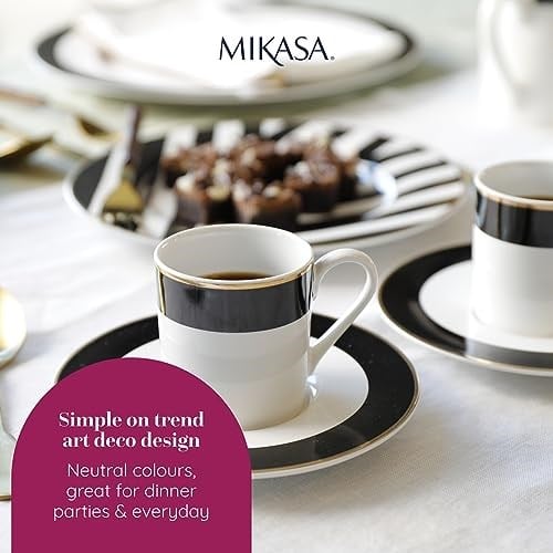 Mikasa Luxe Deco Porselen Espresso Fincanı ve Fincan Tabağı Seti, 2 x Çizgili Desenli Espresso Fincanı ve Tabağı, 100 ml Kahve Fincanı - Hediye Kutusunda - Seçenekler: Klasikler, Çay fincanı ve tabağı