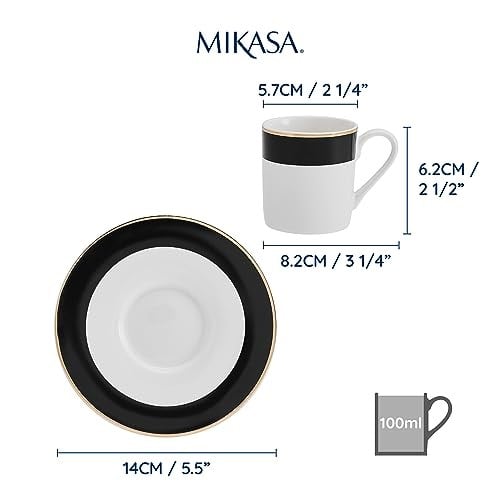 Mikasa Luxe Deco Porselen Espresso Fincanı ve Fincan Tabağı Seti, 2 x Çizgili Desenli Espresso Fincanı ve Tabağı, 100 ml Kahve Fincanı - Hediye Kutusunda - Seçenekler: Klasikler, Çay fincanı ve tabağı