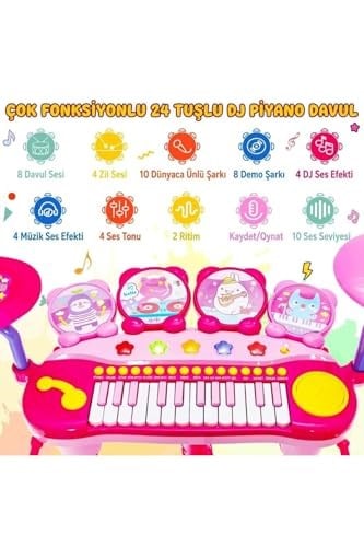 Mikrofonlu Işıklı Sesli Çocuk Oyuncak Piyano Davul Seti - Tabureli 24 Tuşlu Eğitici Müzik Aleti