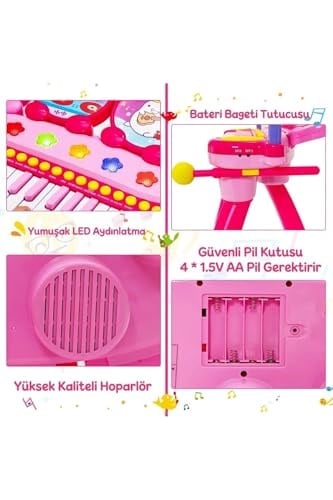 Mikrofonlu Işıklı Sesli Çocuk Oyuncak Piyano Davul Seti - Tabureli 24 Tuşlu Eğitici Müzik Aleti