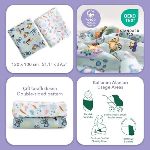 Milk&Moo 2li Jungle Friends Müslin Örtü 100x130 cm