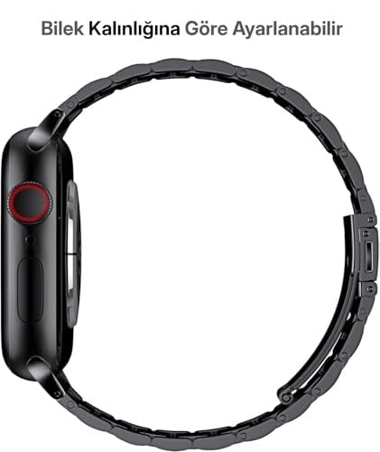 Minesk Apple Watch ile Uyumlu Premium Metal Kordon Paslanmaz Çelik Materyal 42-44-45-46-49 MM için (Siyah)