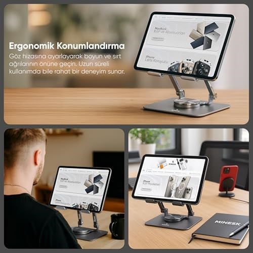 Minesk Tablet Standı 360 Derece Dönebilen Katlanabilir Ergonomik Tablet Tutucu - Seçenekler: Bilgisayar Standı, Tablet Standı
