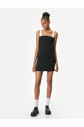 Mini Kalem Elbise Renk Kontrastlı Askılı Slim Fit