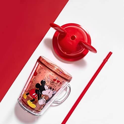 MINISO Mickey Mouse Lisanslı Kapaklı ve Pipetli Şeffaf Bardak