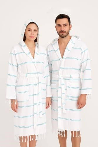 Mira Home Kapşonlu Unisex Beyaz Çizgili Banyo Deniz Plaj Peştemal Bornozu%100 Pamuklu L Mavi