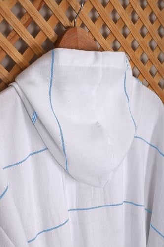 Mira Home Kapşonlu Unisex Beyaz Çizgili Banyo Deniz Plaj Peştemal Bornozu%100 Pamuklu L Mavi