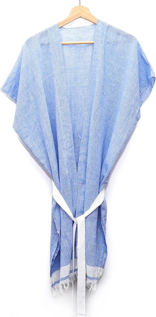 MİSSİ Beyaz Kuşaklı Mavi Pamuk Peştemal Kimono