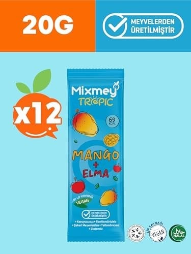 Mixmey Mango Meyve Barı 12 Adet | Sağlıklı Atıştırmalıklar – Vegan, Glutensiz, Koruyucusuz (20GR X 12 ADET)