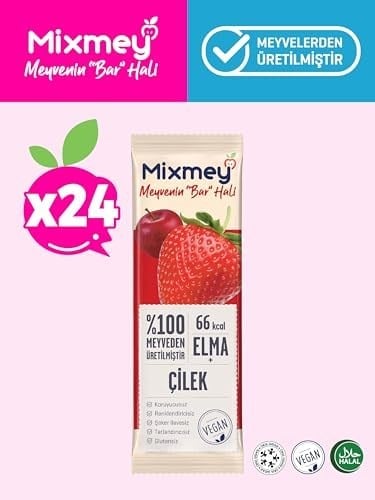 MİXMEY MEYVE BARI ÇİLEK 20 GR x 24 ADET - VEGAN VE GLUTENSİZ SAĞLIKLI ATIŞTIRMALIK