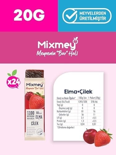 MİXMEY MEYVE BARI ÇİLEK 20 GR x 24 ADET - VEGAN VE GLUTENSİZ SAĞLIKLI ATIŞTIRMALIK