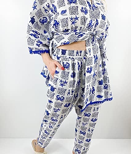 Modaonna Deniz Desenli Keten Kimono Pantolon Takım