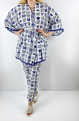 Modaonna Deniz Desenli Keten Kimono Pantolon Takım