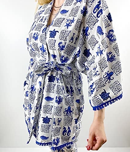 Modaonna Deniz Desenli Keten Kimono Pantolon Takım