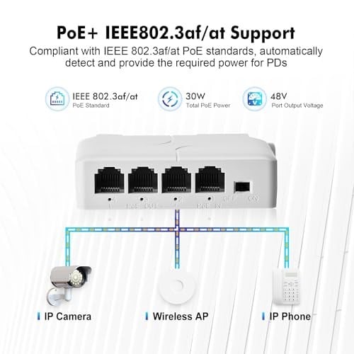 MokerLink 4 Port PoE Uzatıcı, IEEE 802.3 af/at PoE Tekrarlayıcı, 100 Mbit/s, 1 PoE Girişi, 3 PoE Çıkış, Duvar ve DIN Ray Montajı için POE Geçiş Anahtarı