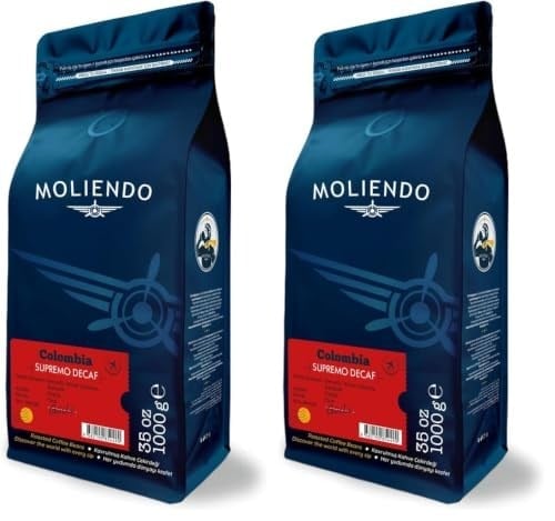 Moliendo Finest Coffee Colombia Supremo Decaf (Kafeinsiz) Yöresel Kahve (Çekirdek) 1000 g (2 paketi)