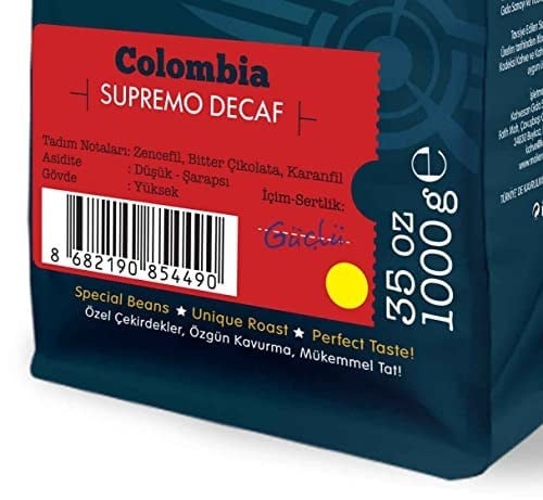 Moliendo Finest Coffee Colombia Supremo Decaf (Kafeinsiz) Yöresel Kahve (Çekirdek) 1000 g (2 paketi)