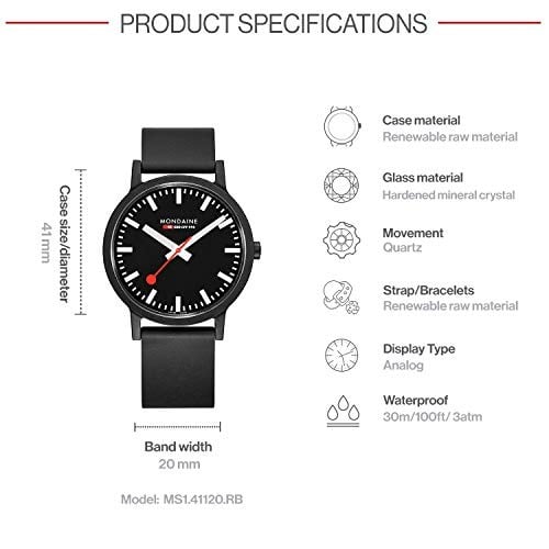 Mondaine - Essence - Herrenuhr 41mm - Bahnhofsuhr in Schwarz schwarzem Armband aus recycelten Rohstoffen - 30m Wasserdicht nachhaltig - Mehrere Varianten - Hergestellt in der Schweiz