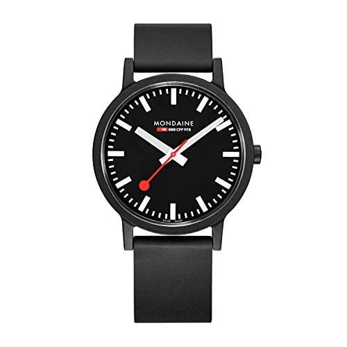Mondaine - Essence - Herrenuhr 41mm - Bahnhofsuhr in Schwarz schwarzem Armband aus recycelten Rohstoffen - 30m Wasserdicht nachhaltig - Mehrere Varianten - Hergestellt in der Schweiz