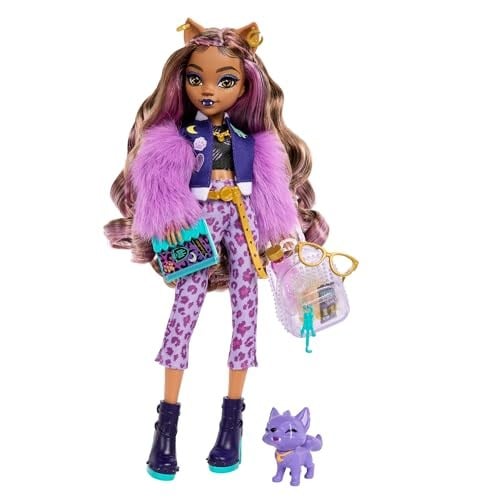 Monster High Evcil köpeği ​Crescent ile sırt çantası, ajanda ve atıştırmalıklar gibi aksesuarlarıyla Clawdeen Wolf bebek, HRP65