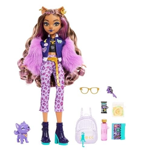 Monster High Evcil köpeği ​Crescent ile sırt çantası, ajanda ve atıştırmalıklar gibi aksesuarlarıyla Clawdeen Wolf bebek, HRP65