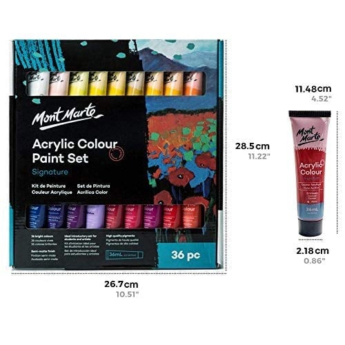 Mont Marte Signature Akrilik Boya Seti, 36 renk x 36 ml, Yarı Mat Kaplama, Tuval, Ahşap, MDF, Deri, Havayla Kurutulmuş Kil, Sıva, Karton, Kağıt ve El Sanatları için Uygun
