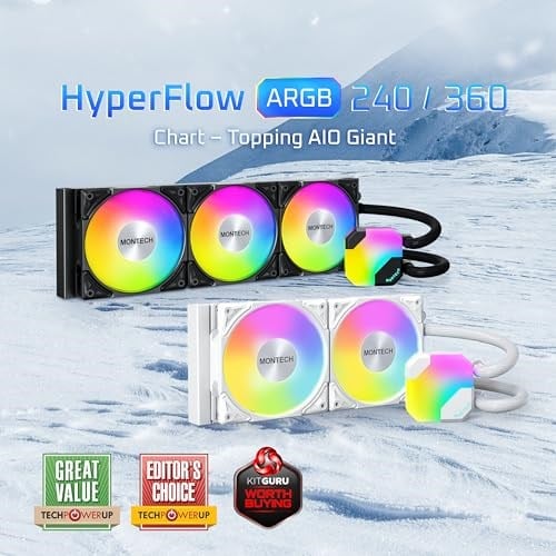 Montech HyperFlow ARGB 360mm-AIO CPU Sıvı Soğutucu-Intel LGA 1700/1200/15X/2066, AMD AM3/AM4/AM5 Soketler için-Geliştirilmiş 3100 - Seçenekler: 360 mm AIO Siyah, 240 mm AIO Siyah, ARGB yok 360mm Siyah