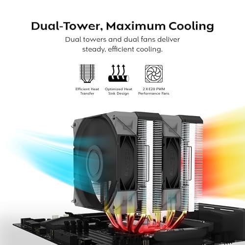 MONTECH NX600 6 Isı Borulu ve Premium Üst Kapaklı Çift Kule CPU Hava Soğutucu | 28mm E28 PWM Premium Fan | Lehimli Bakır Taban | Üstün Isı Dağılımı | Tüm Intel ve AMD Soket Desteği | Siyah | AMD AM5/A